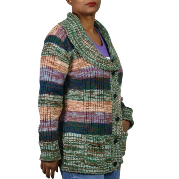 Vintage Hand Loomed Knit Cardigan Sweater Green Marled Rainbow Stripe 70s Medium - Picture 10 of 16